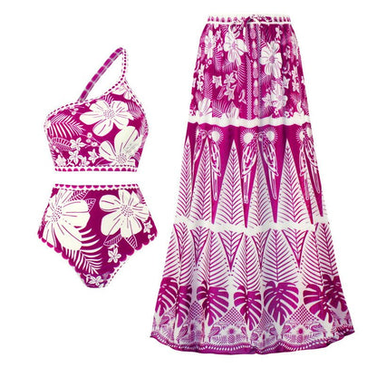 Floral One Shoulder High Waist Bikini Swimwear With Coverup Skirt By