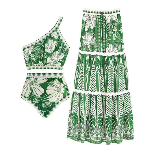 Floral One Shoulder High Waist Bikini Swimwear With Coverup Skirt By