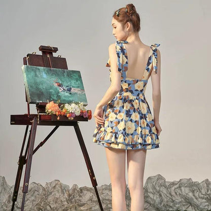 Floral Print Tieup Sleeves Swim Wear Dress By