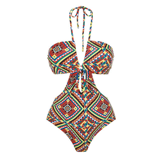 Geometric Design Monokini backless Tieup With Sarong Skirt By