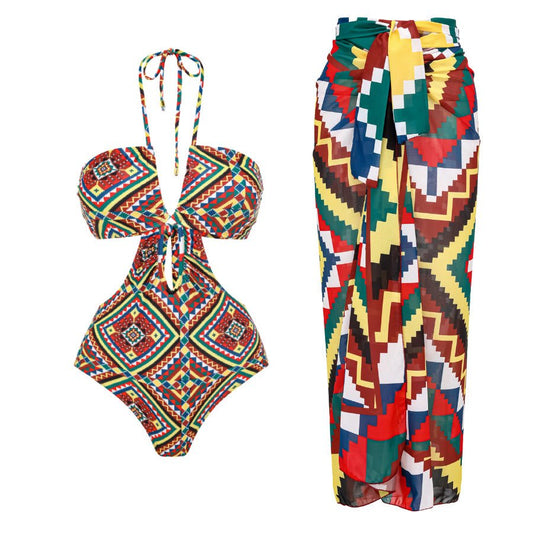 Geometric Design Monokini backless Tieup With Sarong Skirt By