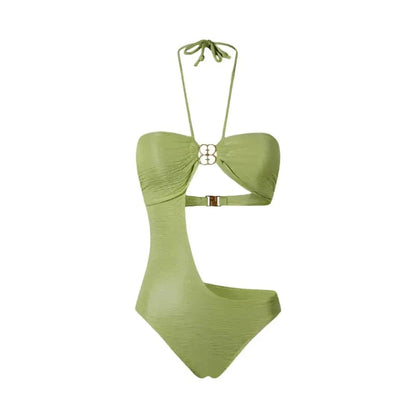 Green Monokini Cutout Halter Neck Swimwear By