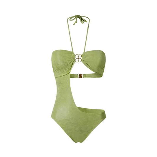 Green Monokini Cutout Halter Neck Swimwear By