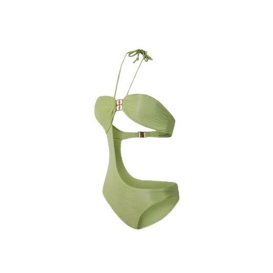 Green Monokini Cutout Halter Neck Swimwear By