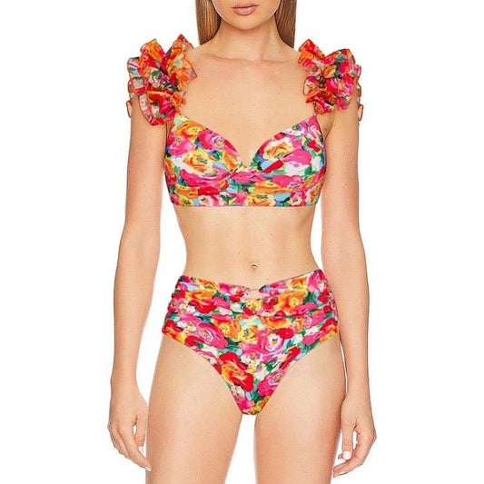 High Waist Floral Two Peice Bikini Set WIth Ruffle Skirt By