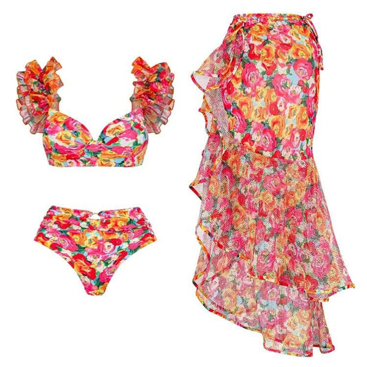 High Waist Floral Two Peice Bikini Set WIth Ruffle Skirt By