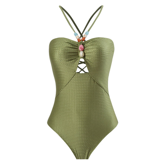 Monokini Back Tieup Solid Color Swimsuit with Floral Sarong By