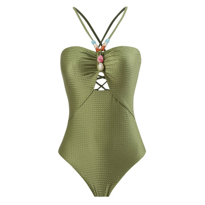 Monokini Back Tieup Solid Color Swimsuit with Floral Sarong By