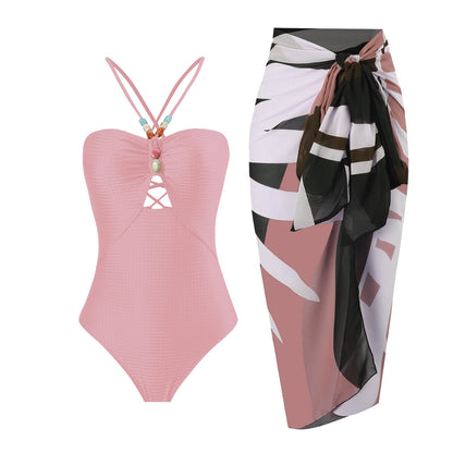 Monokini Back Tieup Solid Color Swimsuit with Floral Sarong By