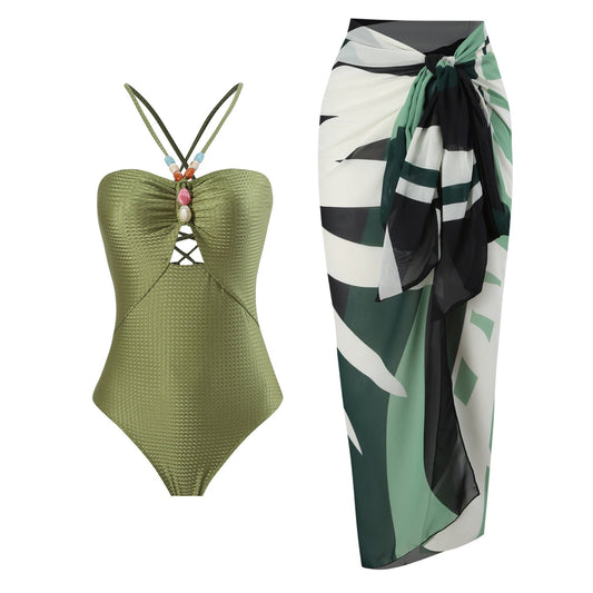Monokini Back Tieup Solid Color Swimsuit with Floral Sarong By