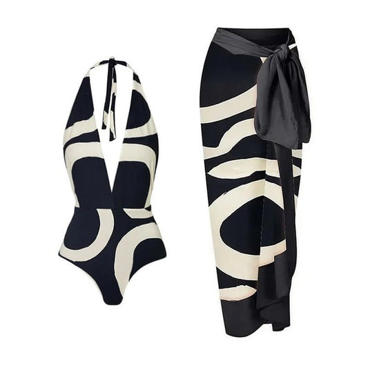 Monokini Backless Black Color Swimsuit With Sarong By