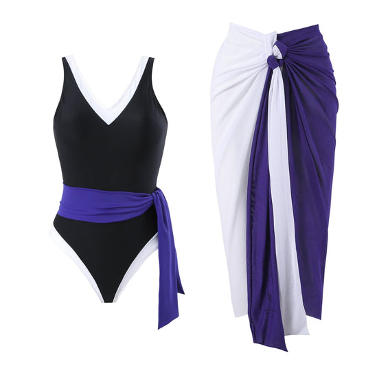 Monokini Color Block Swimsuit With Slimming Skirt By