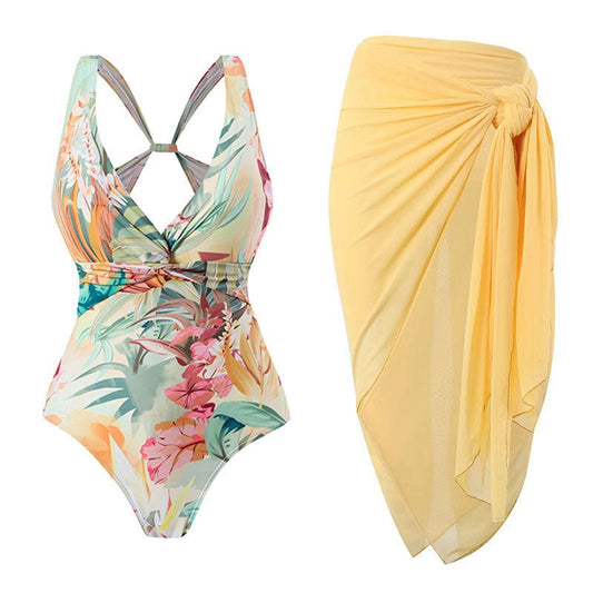 Monokini Criss Cross Back Floral Swimsuit With Short Sarong By