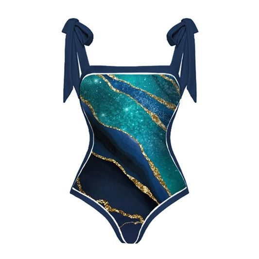 Monokini Galaxy Print Tie Up Swimsuit With Wrap Around Tie Up Sarong Skirt By