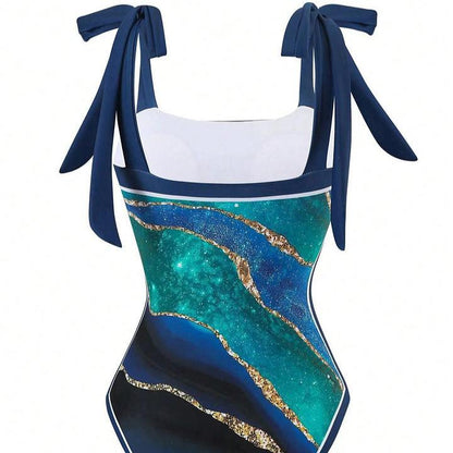 Monokini Galaxy Print Tie Up Swimsuit With Wrap Around Tie Up Sarong Skirt By