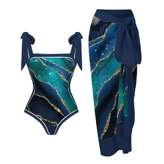 Monokini Galaxy Print Tie Up Swimsuit With Wrap Around Tie Up Sarong Skirt By