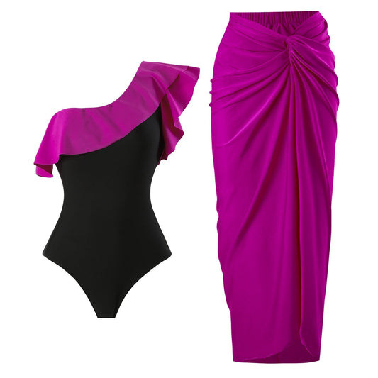 Monokini One Shoulder Black and Pink Swimsuit With Coverup Skirt By