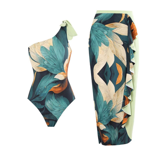 Monokini One Shoulder Multicolor Swimsuit With Ruffle Skirt By