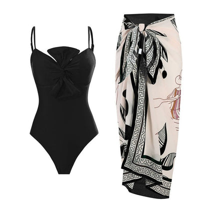 Monokini Solid Color Swimsuit with Floral Sarong By