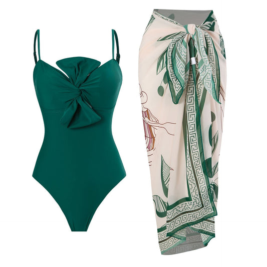Monokini Solid Color Swimsuit with Floral Sarong By