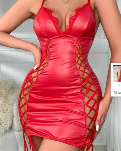 No Apologies Lace-Up Faux Leather Lingerie