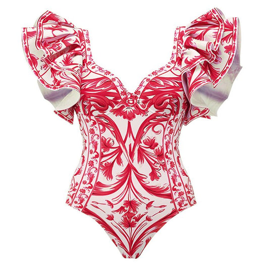 One Peice Floral Red Swimwear with Sarong By