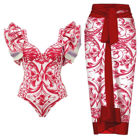 One Peice Floral Red Swimwear with Sarong By