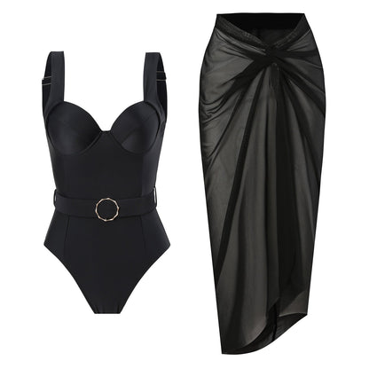 One Peice Solid Color Swimwear with Sarong By