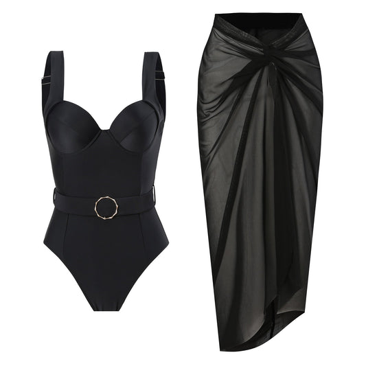 One Peice Solid Color Swimwear with Sarong By