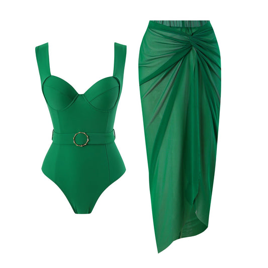 One Peice Solid Color Swimwear with Sarong By