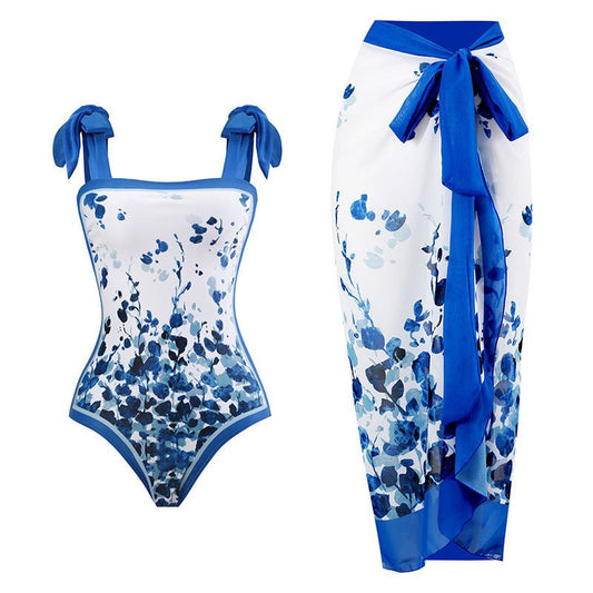 One Piece Blue Petals Tie Up Swimsuit With Wrap Around Tie Up Sarong Skirt By