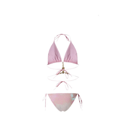 Pink Glitter Embellished Two Piece Swimwear With Coverup By