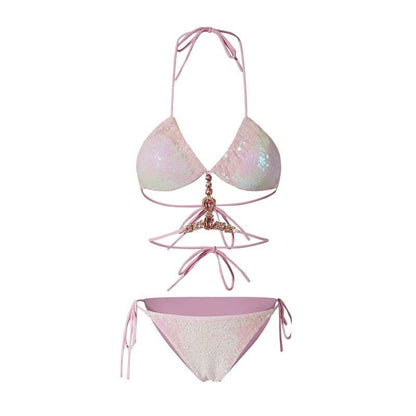Pink Glitter Embellished Two Piece Swimwear With Coverup By