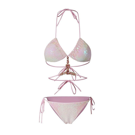 Pink Glitter Embellished Two Piece Swimwear With Coverup By
