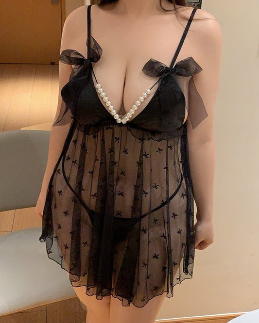 Pretty in Pearls Bow-Tied Plus Size Babydoll Lingerie