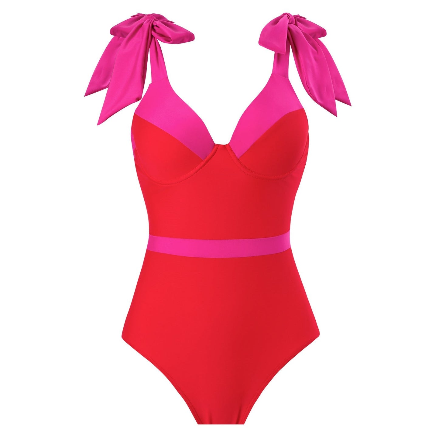 Red And Pink Tie Up Monokini With Middle Slit Skirt by