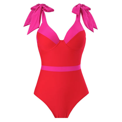 Red And Pink Tie Up Monokini With Middle Slit Skirt by