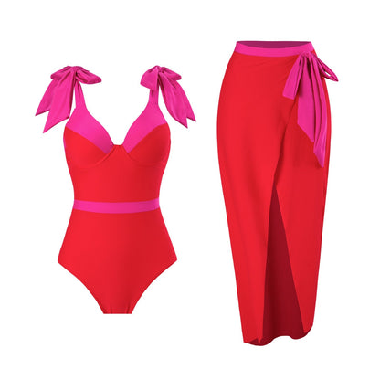 Red And Pink Tie Up Monokini With Middle Slit Skirt by