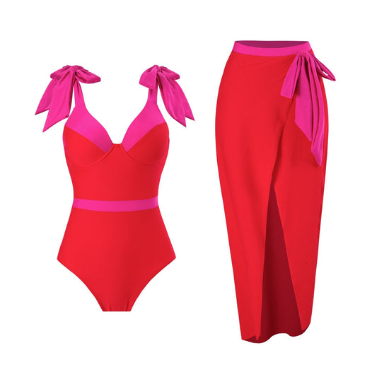 Red And Pink Tie Up Monokini With Middle Slit Skirt by
