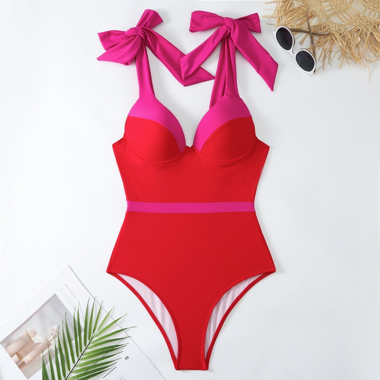 Red And Pink Tie Up Monokini With Middle Slit Skirt by