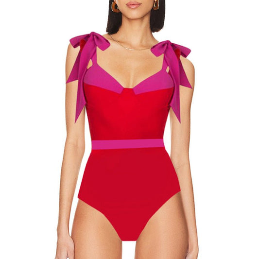 Red And Pink Tie Up Monokini With Middle Slit Skirt by