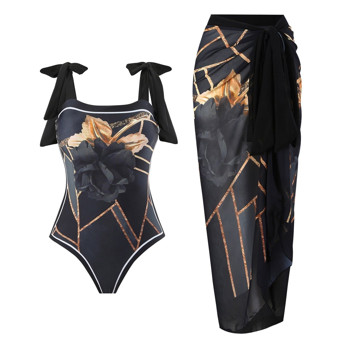 Reversible One Piece Black Tie Up Swimsuit With Wrap Around Tie Up Sarong Skirt By