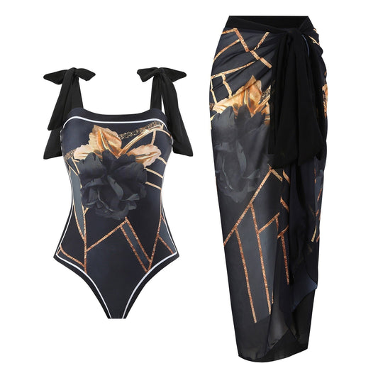 Reversible One Piece Black Tie Up Swimsuit With Wrap Around Tie Up Sarong Skirt By