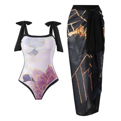 Reversible One Piece Black Tie Up Swimsuit With Wrap Around Tie Up Sarong Skirt By