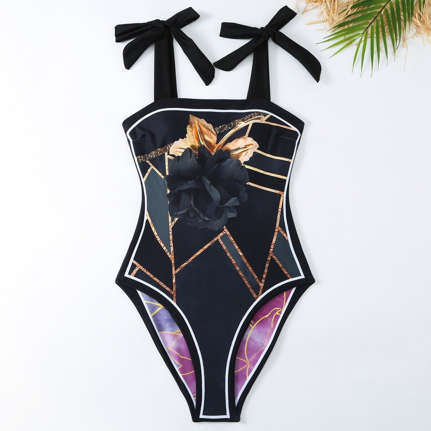 Reversible One Piece Black Tie Up Swimsuit With Wrap Around Tie Up Sarong Skirt By