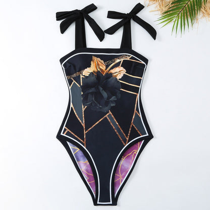 Reversible One Piece Black Tie Up Swimsuit With Wrap Around Tie Up Sarong Skirt By