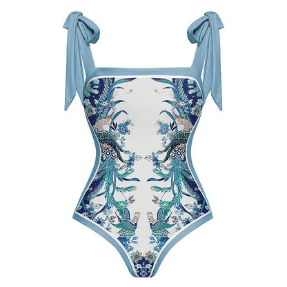 Reversible One Piece Blue Tie Up Swimsuit With Wrap Around Tie Up Short Sarong Skirt By