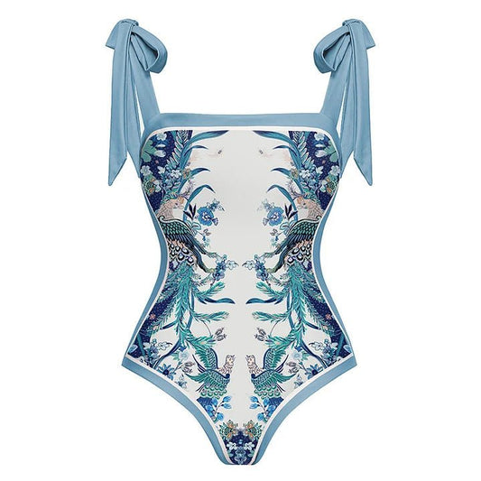 Reversible One Piece Blue Tie Up Swimsuit With Wrap Around Tie Up Short Sarong Skirt By