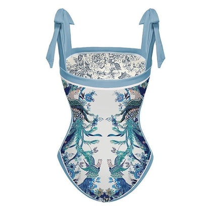 Reversible One Piece Blue Tie Up Swimsuit With Wrap Around Tie Up Short Sarong Skirt By