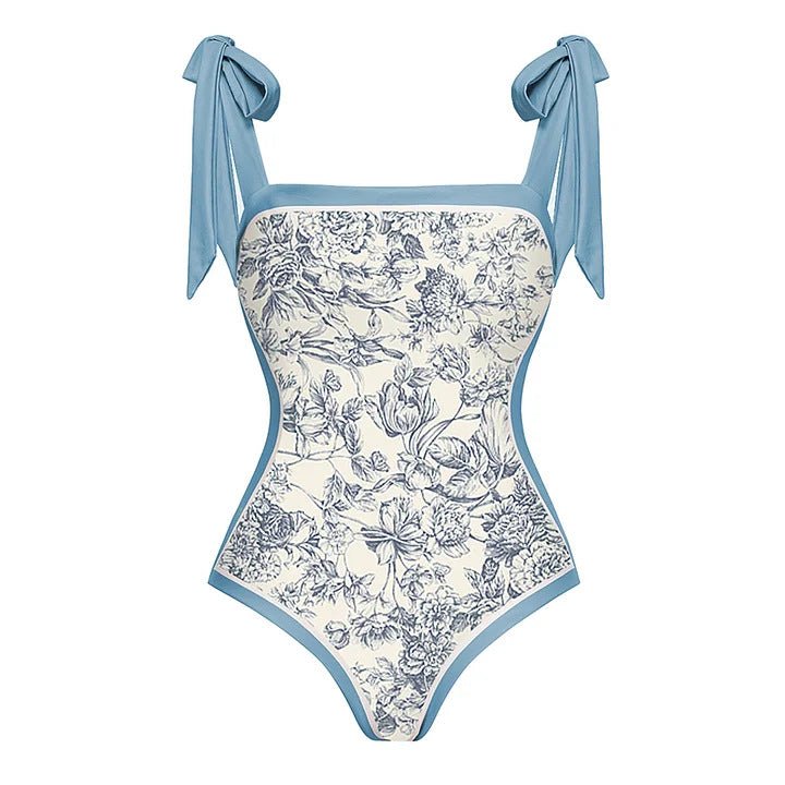 Reversible One Piece Blue Tie Up Swimsuit With Wrap Around Tie Up Short Sarong Skirt By